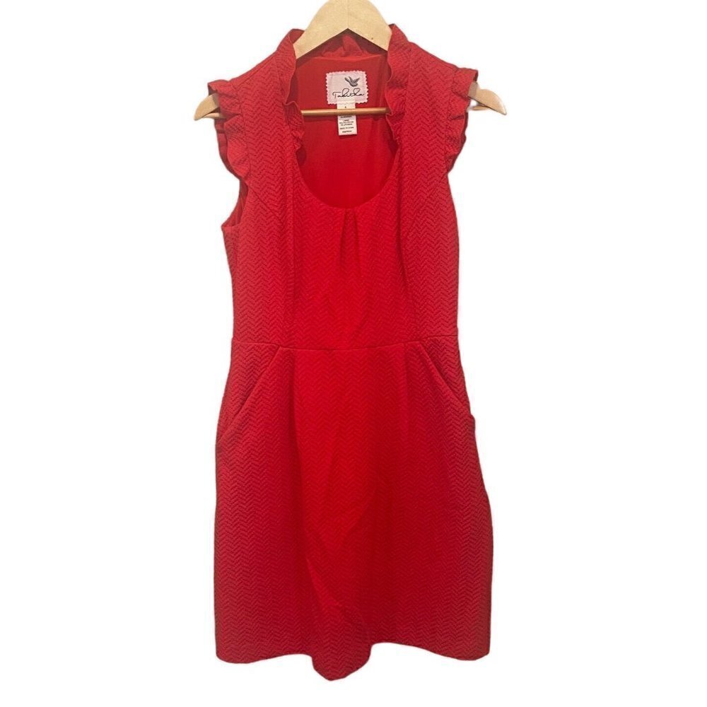 Tabitha Women Sz 6 Dress Red Pleated Sheath Ruffle Sleeves Career Party Textured